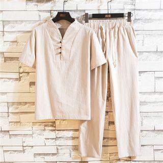 Set: Short-sleeve Linen Top + Drawstring Cropped Pants
