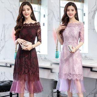 Elbow-sleeve Organza Paneled Lace A-line Midi Dress