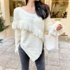 Asymmetrical Fringed Trim Cable-knit Sweater White - One Size