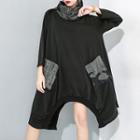Turtleneck Long-sleeve A-line Dress Black - One Size