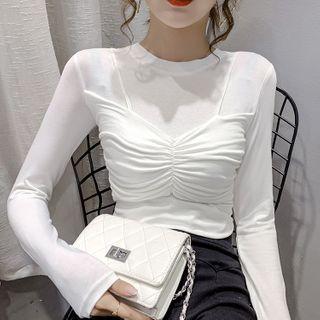 Mock Two-piece Long-sleeve Ruched T-shirt