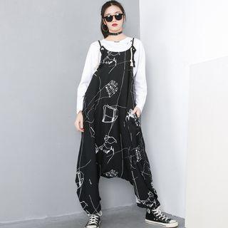 Spaghetti Strap Print Jumpsuit Black - One Size