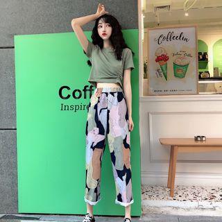 Drawstring Short Sleeve Top / Printed Wide Leg Pants