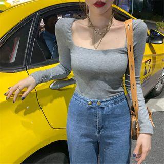 Square Neck Long Sleeve Plain T-shirt