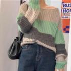 Wide Neck Contrast Striped Knitted Sweater As Shown In Figure - One Size