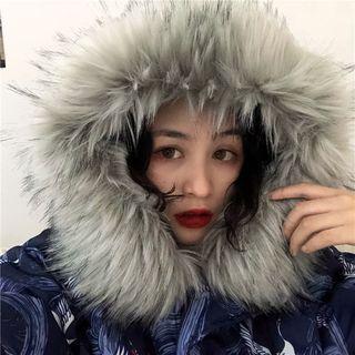 Faux-fur Cranes Print Hooded Padded Coat