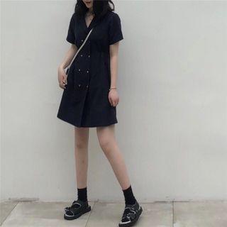 Short-sleeve Collared A-line Dress Navy Blue - One Size