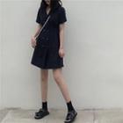 Short-sleeve Collared A-line Dress Navy Blue - One Size