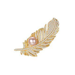 925 Sterling Silver Plated Gold Fashion Elegant Leaves Purple Freshwater Pearl Brooch With Cubic Zirconia Golden - One Size