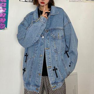 Cross Print Oversized Denim Jacket