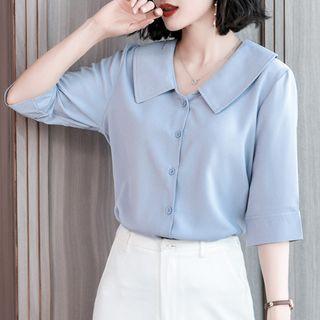 Elbow-sleeve Chiffon V-neck Shirt