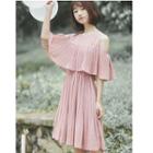 Pleated Off-shoulder Elbow-sleeve A-line Dress