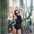Perforated Open Back Knit Swimsuit Black - One Size