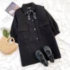 Long-sleeve Plaid Tie-neck Woolen Coat Black - One Size
