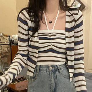 Set: Striped Halter Top + Cardigan Set - Stripes - Brown & White - One Size