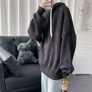 Long-sleeve Plain Knit Hooded Pullover