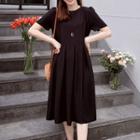 Round-neck Pleated-hem Dress Black - One Size