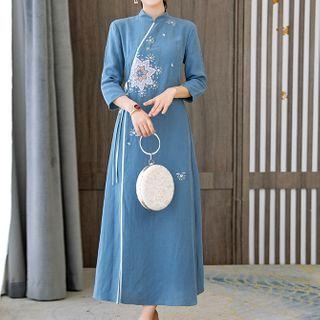 Embroidered 3/4-sleeve Maxi A-line Wrap Dress