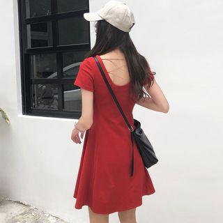 Plain Short-sleeve Caged Back Mini A-line Dress