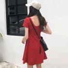 Plain Short-sleeve Caged Back Mini A-line Dress