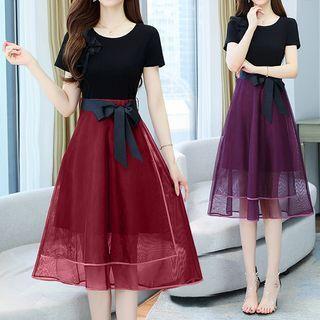 Mock Two-piece Short-sleeve Bow Midi A-line Dress