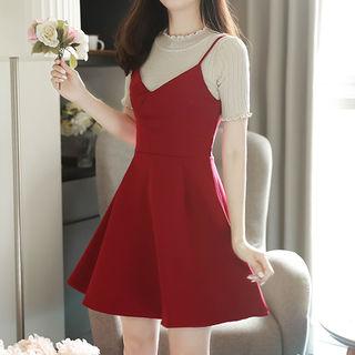Set: Spaghetti-strap Mini Dress + Short-sleeve Ribbed Top