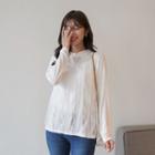 Frilled-neck Lace-panel T-shirt
