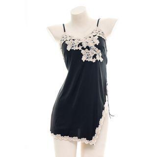 Lace Trim Slit Night Dress Black - One Size