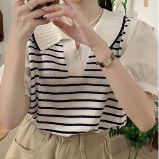 Mock Two Piece Puff Sleeve Striped Polo Shirt Black &white - One Size