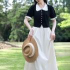 Set: Short-sleeve Two-tone Shirt + Midi A-line Skirt