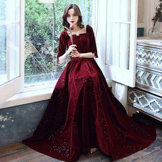 Elbow Sleeve Square Neck Velvet A-line Evening Gown