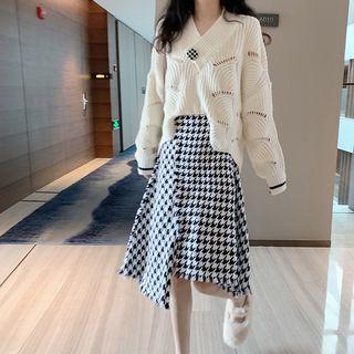 Long-sleeve Striped Open Knit Top / High-waist Asymmetric Houndstooth Skirt