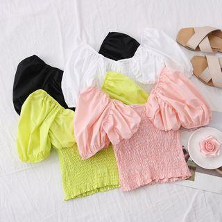 Patchwork Boatneck Smocked Crop Blouse