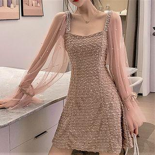 Long-sleeve Mesh Panel Faux Pearl Mini A-line Dress