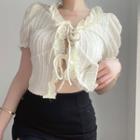 Puff-sleeve Lace Trim Crop Knit Top