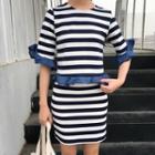 Set : Frill Trim Stripe 3/4-sleeve Top + Skirt