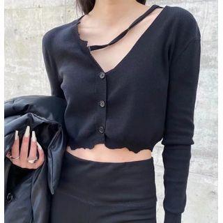 Long Sleeve V-neck Distressed Crop Cardigan