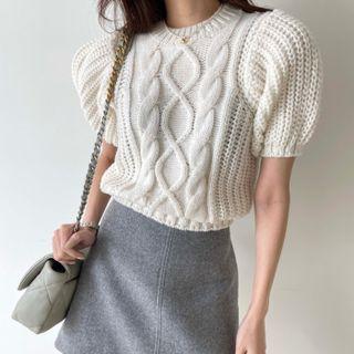Puff Sleeve Cable Knit Top White - One Size
