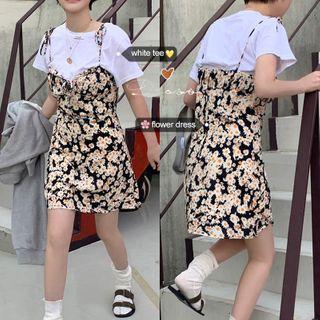 Short-sleeve T-shirt / Spaghetti Strap Floral Print Mini A-line Dress