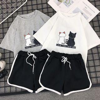 Set: Cat Print Short-sleeve T-shirt + Drawstring Shorts