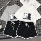 Set: Cat Print Short-sleeve T-shirt + Drawstring Shorts