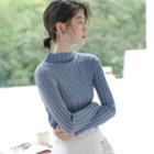 Long-sleeve Ribbed Mock Neck Knit Top Grayish Blue - One Size