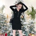 V-neck Buttoned Long-sleeve Mini Sheath Dress