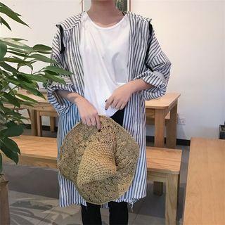 Drawstring Hooded Striped Long Shirt