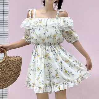 Flower Print Cold-shoulder Playsuit