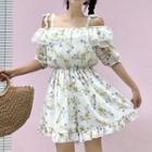 Flower Print Cold-shoulder Playsuit