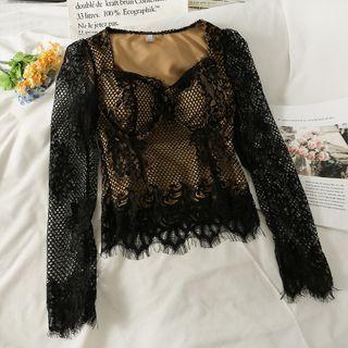 Fringed-hem Skinny Lace Top