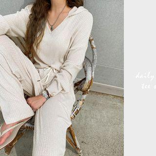 Lettuce-edge Ribbed Hoodie Light Beige - One Size