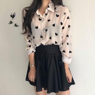 Heart Print Shirt / A-line Mini Skirt