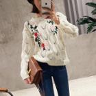 Flower Embroidered Sweater White - One Size